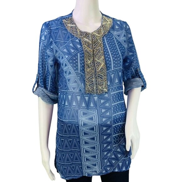 Chicos Tunic Top Byzantine Blue Geometric Semi Sheer Beaded Collar Size 0 | S - Picture 2 of 12